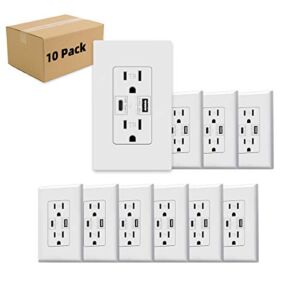 USB C outlet PD with Power Delivery In-Wall Charger 24W, 15 Amp, 125 V compatible with iphone ipad Google phones, Not for laptops (USB c outlet PD 10pack)