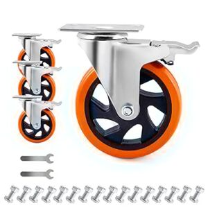 D&L 5 Inch Plate Casters Wheels 1800lbs Heavy Duty Casters with Brake Polyurethane Dual Locking Casters Set of 4 Orange DL-I5-001