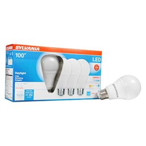 SYLVANIA LED A19 Light Bulb, 100W Equivalent, Efficient 16W, Dimmable, 1600 Lumens, Frosted, 5000K, Daylight – 4 Pack (40739)