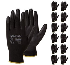 Safety Work Gloves PU Coated-12 Pairs,KAYGO KG11PB, Seamless Knit Glove with Polyurethane Coated Smooth Grip on Palm & Fingers, for Men and Women, Ideal for General Duty Work (Large, Black)