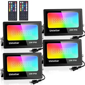 Ustellar 4 Pack 25W RGB LED Flood Light 250W Equiv. Outdoor Color Changing Stage Lights Indoor Floodlights Floor Lamp Party Uplighting for Events Colored Spotlight Uplight Halloween Christmas Lights