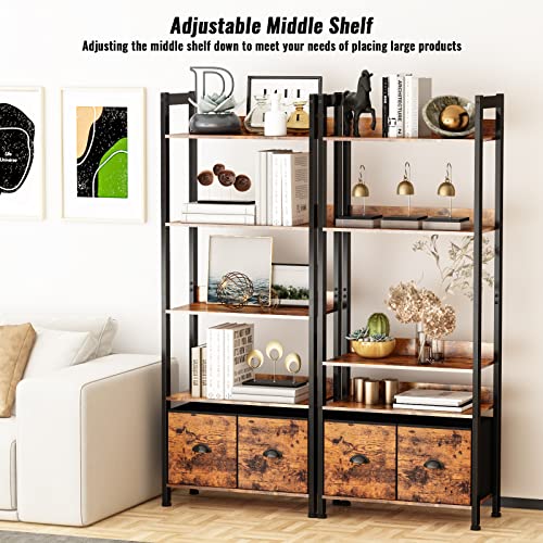 Furologee 5-Tier Bookshelf, Tall Bookcase with 2 Storage Drawers, Industrial Display Standing Shelf Units, Wood and Metal Storage Shelf for Living Room, Bedroom, Home Office, Rustic Brown | The Storepaperoomates Retail Market - Fast Affordable Shopping