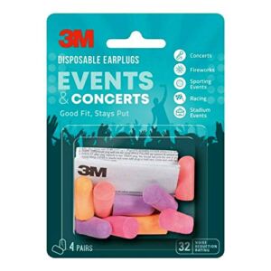 3M Disposable Earplugs, Hearing Protection for Events & Concerts, Mutli-Color, 32 NRR, 4-Pairs
