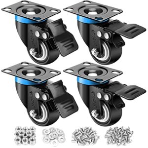 TICONN 2” Swivel Caster Wheels Set of 4, with 4 Safety Brakes, Poly Wheels No Noise Non-Marking, Heavy Duty Plate Casters Set of 4 (2”)