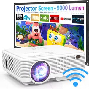 WiFi Projector with 100’’ Projector Screen, 9000Lux Projector for Outdoor Movies 1080P Full HD Supported Mini Portable Projector Compatible with Smartphone TV Stick HDMI USB AV AUX