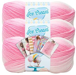 Lion Brand Yarn – Ice Cream – 3 Pack with Pattern Cards in Color (Strawberry)