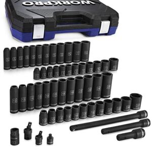 WORKPRO 1/2″ Drive Impact Socket Set with Extension Bars, Premium Cr-V Steel, Complete 55-Piece, SAE and Metric Sockets with Enhanced Storage Case