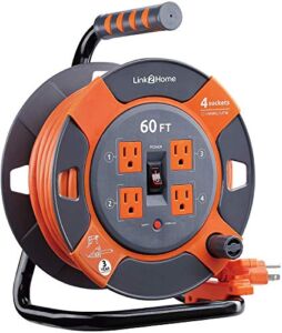 Link 2 Home Cord Reel Extension Cord 4 Power Outlets – 14 AWG SJTW Cable. Heavy Duty High Visibility Power Cord (60 Feet)