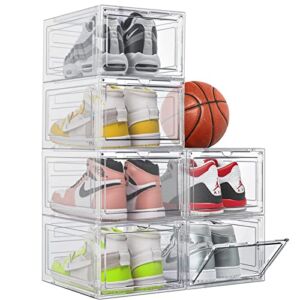 Sturdy Durable Plastic Shoe Organizer, Shoe Box with Magnetic Door, 6 Pack Shoe Organizer for Sneaker Storage, Shoe Boxes Clear Plastic Stackable for Closet, Shoe Containers, Shoe Display Case, White