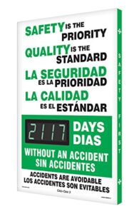 Accuform Aluminum Digi-Day Electronic Scoreboard Spanish Bilingual, “SAFETY IS THE PRIORITY QUALITY IS THE STANDARD – #### DAYS without AN ACCIDENT – ACCIDENTS ARE AVOIDABLE”, 28″ x 20″ x 2″, Green/Black on White, SBSCA233