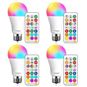 Yangcsl LED Light Bulbs 85W Equivalent 1200lm, RGB Color Changing Light Bulb, 6 Moods – Memory – Sync – Dimmable, A19 E26 Screw Base, Timing Remote Control Included (Pack of 4)