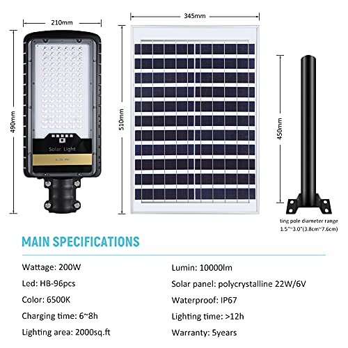 200W Solar Street Lights Outdoor Lamp, 10000lm Dusk to Dawn IP67 Security Led Flood Light with Remote Control Mounting Pole and Bracket Garden, Street, Court, Parking Lot | The Storepaperoomates Retail Market - Fast Affordable Shopping