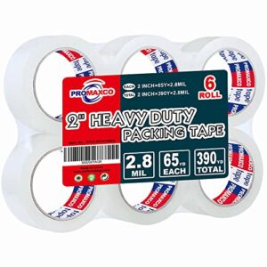 PROMAXCO Heavy Duty Packing Tape 6 Rolls, Clear, 2.8 mil, 65 Yards x 1.88 inch, Total 390Y, Ultra Strong, Refill for Packaging and Shipping