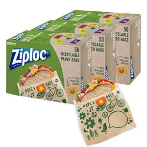 Ziploc Paper Sandwich & Snack Bags, Recyclable & Sealable with Fun Designs, 50 Count, Pack of 3 (150 Total Bags)