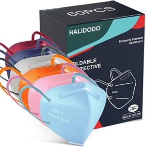 HALIDODO 60 Packs Individually Wrapped KN95 Face Mask 5-Ply Breathable & Comfortable Filter Safety Mask with Elastic Ear loop and Nose Bridge Clip, Protective Face Cover Mask, Multi Color
