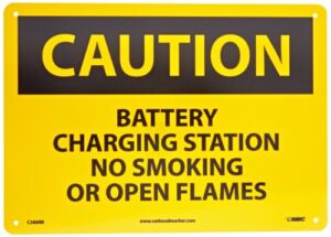 NMC C386RB CAUTION – BATTERY CHARGING STATION NO SMOKING OR OPEN FLAMES Sign – 14 in. x 10 in., Black Text on Yellow, Plastic Caution Sign