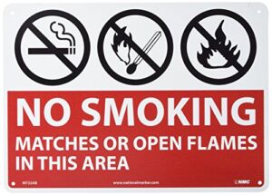 NMC M722AB NO SMOKING – MATCHES OR OPEN FLAMES IN THIS AREA Sign – 10 in. x 7 in. Standard Aluminum Safety Sign with Graphic, White Text on Red Base