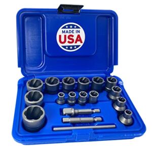 ROCKETSOCKET | 18 Piece Bolt Lug Nut Extractor Socket Tool Set | ¼ in. and ⅜ in. Drive | RAZORGRIP Technology Extract Damaged Frozen Rusted Rounded-Off Bolts Nuts & Screws | Made in USA Steel