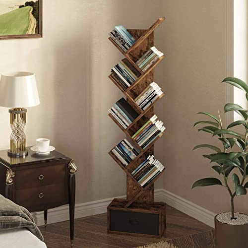 Rolanstar Tree Bookshelf with Drawer, 8 Shelf Rustic Brown Bookcase, Retro Wood Storage Rack for CDs/Movies/Books, Utility Organizer Shelves for Living Room, Bedroom, Home Office | The Storepaperoomates Retail Market - Fast Affordable Shopping
