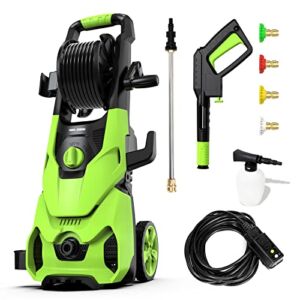 Rock&Rocker Powerful Electric Pressure Washer, 2150PSI Max 2.6 GPM Power Washer with Hose Reel, 4 Quick Connect Nozzles, Soap Tank, IPX5 Car Wash Machine /Car/Driveway/Patio Clean, Green
