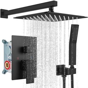 Rainfall Shower System Matte Black with High Pressure 10 inch Shower Head Hand Held Square Shower Head Bathroom Luxury Rain Mixer Shower Complete Combo Set Wall Mounted