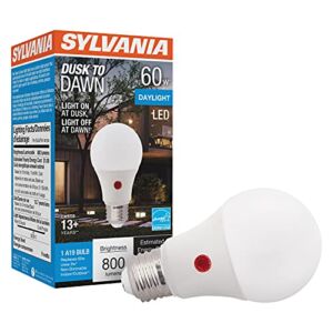 SYLVANIA Dusk to Dawn A19 LED Light Bulb with Auto On/Off Light Sensor, 60W=9W, 800 Lumens, 5000K, Daylight – 1 Pack (41289)