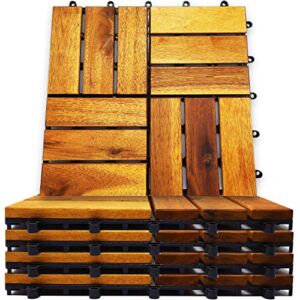 Interlocking Deck Tiles 8 Pack – Snap Together Wood Flooring | 12 x 12 Acacia Hardwood Outdoor Flooring for Patio | Click Floor Decking Tile Outdoors Balcony Flooring, Wooden Parquet Flooring (8)