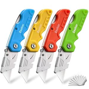 Geaber Box Cutter, 4-Pack Tough Folding Box Cutter for Heavy Duty Purpose, Razor Sharp Blade, Comfortable Handle, with Extra 10-Piece Blades, Can cut Drywall, Sheet Plastic, Linoleum, Boxes, Rope