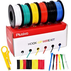22 Gauge Wire Solid Core Hookup Wires – 22 AWG Pre-Tinned, PVC (OD: 1.5mm) Coated Copper Wires 6 Colors (Black, Red, Yellow, Green, Blue, White) 33ft or 10m Each, Hook Up Wire Kit from Plusivo