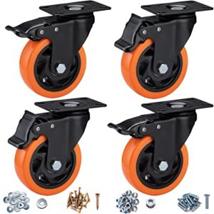 Casters, 4″ Caster Wheels，Casters Set of 4 Heavy Duty – ASRINIEY Orange Polyurethane Castors, Top Plate Swivel Wheels, 4-Pack Industrial Casters with Brake, Locking Casters for Furniture and Workbench