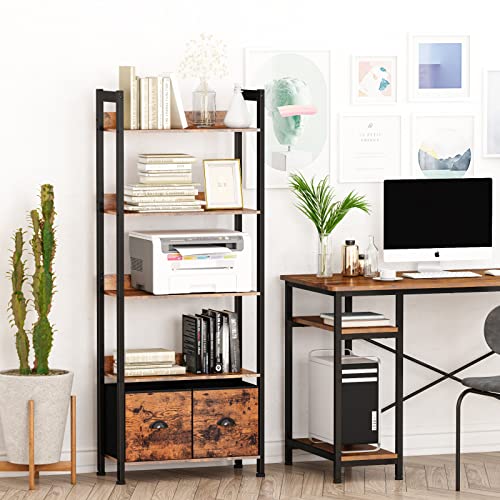 Furologee 5-Tier Bookshelf, Tall Bookcase with 2 Storage Drawers, Industrial Display Standing Shelf Units, Wood and Metal Storage Shelf for Living Room, Bedroom, Home Office, Rustic Brown | The Storepaperoomates Retail Market - Fast Affordable Shopping