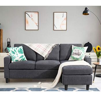 Shintenchi Convertible Sectional Sofa Couch, Modern Linen Fabric L-Shaped Couch 3-Seat Sofa Sectional with Reversible Chaise for Small Living Room, Apartment and Small Space (Dark Grey) | The Storepaperoomates Retail Market - Fast Affordable Shopping