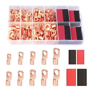 Tsinglax 120Pcs Copper Wire Lugs AWG2 4 6 8 10 12 with Heat Shrink Set, 60Pcs Battery Cable Lugs Battery Cable Ends Ring Terminals Connectors with 60Pcs Heat Shrink Tubing Assortment Kit
