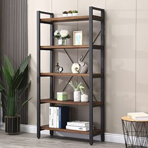 5 Tier Bookcase, Solid Wood Bookshelf Rustic Vintage Industrial Etagere Bookcase, Metal and Wood Free Vintage Bookshelf, Retro Brown (Real Wood) (5-Tier)