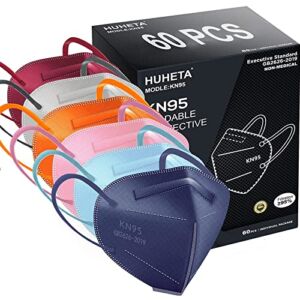 HUHETA KN95 Face Mask 60 Pack, 5-Ply Breathable & Comfortable Safety Mask, Filter Efficiency≥95%, Protective Cup Dust Masks Against PM2.5 – Individually Wrapped (Multicolored Mask)