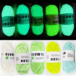5 Pcs Glow in The Dark Yarn, Sewing Supplies,(55yd 50m )for Crocheting for DIY Arts, Crafts & Sewing Beginners Glow in The Dark Party (White Lemon Yellow Light Blue Light Green Green)