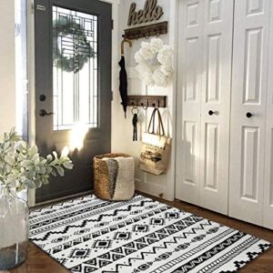 Lahome Boho Geometric Washable Area Rug – 3×5 Bedroom Entryway Small Throw Rug Non-Slip Accent Distressed Rugs Floor Carpet for Door Mat Bathroom Kitchen Living Room Rug (3×5,Black & Off-White)