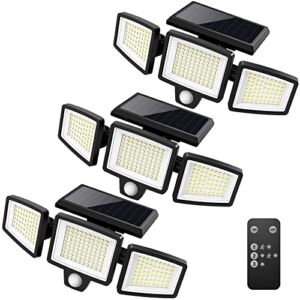 Solar Lights Outdoor,WWimy 210 LED 2500LM Motion Sensor Lights with Remote Control, 3 Heads Security LED Flood Light, IP65 Waterproof, 270° Wide Angle Illumination Wall Light with 3 Modes(3 Packs)