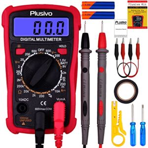 Digital Multimeter DC AC Voltmeter Ohm Volt Amp Multi Tester for Voltage, Current, Resistance, Continuity, Diode with Test Probes, LCD Display with Backlight, Case, Stand, Wire Stripper from Plusivo
