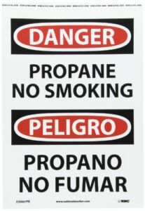 NMC ESD667PB Bilingual OSHA Sign, Legend “DANGER – PROPANE NO SMOKING”, 10″ Length x 14″ Height, Pressure Sensitive Adhesive Vinyl, Black/Red on White