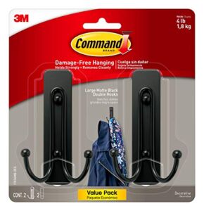 Command Large Wall Hooks, Damage Free Hanging Wall Hooks with Adhesive Strips, No Tools Double Wall Hooks for Hanging Christmas Decorations, 2 Black Plastic Hooks and 2 Command Strips