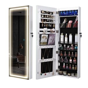 LVSOMT LED Mirror Jewelry Cabinet, Wall/Door Mounted Jewelry Organizer Armoire, Full Length Lighted Mirror with Jewelry Storage, Lockable Over the Door Hanging Body Mirror with 3 Color Lights, White
