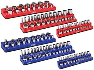 ARES 60058 – 6-Pack Set Metric and SAE Magnetic Socket Organizers -Blue and Red -1/4 in, 3/8 in, 1/2 in Socket Holders -143 Pieces of Standard (Shallow) and Deep Sockets -Organize Your Tool Box
