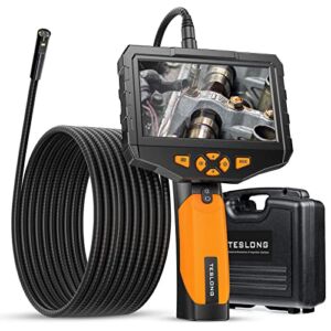 Triple Lens Endoscope Camera, Teslong Industrial Borescope Inspection Camera with Light, 16.5ft Flexible Automotive Scope Camera Snake Probe, Home Waterproof Fiber Optic Bore Cam for Sewer(5″ IPS LCD)