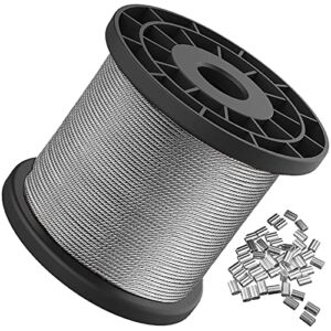 Wire Rope, 1/16 Wire Rope, Stainless Steel 304 Wire Cable, 328FT Length Aircraft Cable with 100pcs Sleeves Stops, 7×7 Strand Core, 368 lbs Breaking Strength Perfect for Outdoor,Yard,Garden or Crafts