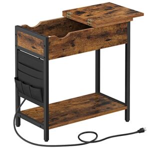 VASAGLE End Table with Charging Station, Nightstand with USB Ports and Outlets, Fabric Bags, for Living Room, Bedroom, Rustic Brown + Black