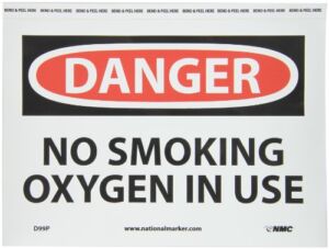 NMC D99P DANGER – NO SMOKING OXYGEN IN USE Sign – 10 in. x 7 in., Red/Black Text on White, PS Vinyl Danger Sign