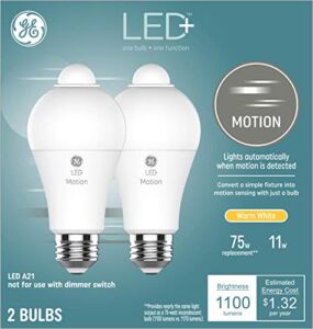 GE LED+ Motion Sensor Light Bulbs, Warm White, Security Light, A21 Light Bulb – 2 Count (Pack of 1)