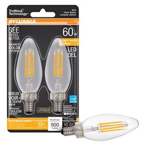 SYLVANIA LED TruWave Natural Series Décor B10 Light Bulb, 60W Equivalent Efficient 5.5W, Candelabra Base, Dimmable, Clear 2700K, Soft White – 2 Pack (40796)
