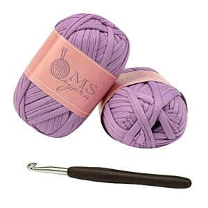 2 Skeins M-S Thick Knitting Yarn, Elastic Fabric Cloth T Shirt Yarn, Spaghetti Yarn for Hand DIY Bag Blanket Cushion Crocheting Projects, 3.3 Ounce x 2, 30 Yard x 2, One Crochet Hook (Light Purple)